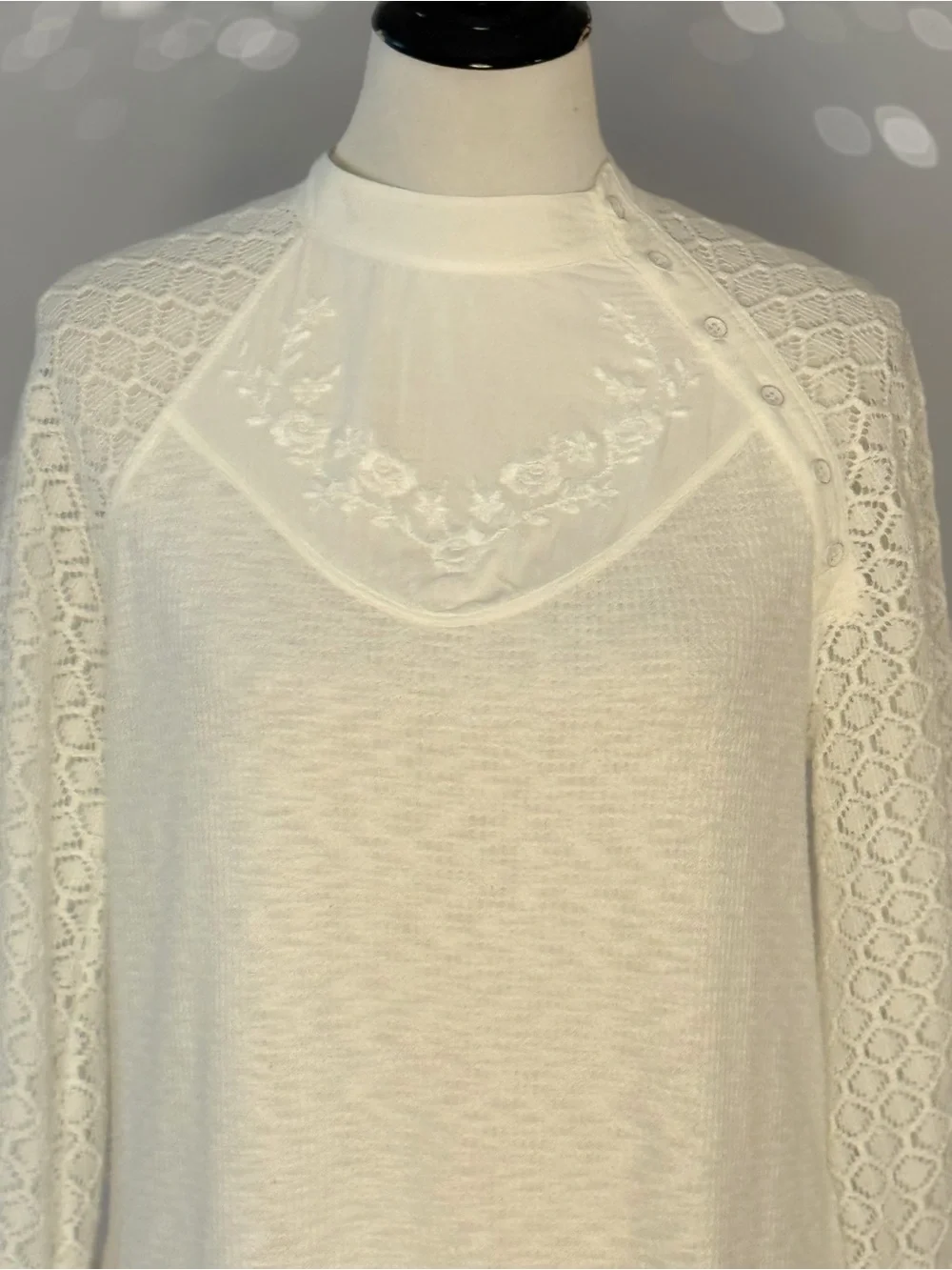 Free People Sweetest Thing Thermal Top Ivory Lace Sleeve Boho Cottagecore